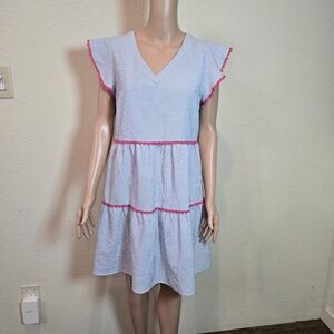 Andree By Unit Blue And White Pinstriped Pink Trim Baby Doll Tiered Mini Dress M